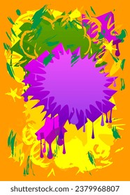Green, yellow and purple graffiti speech bubble background. Abstract vector Messaging sign street art decoration, Discussion icon performed in urban painting style.