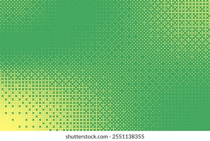 Textura de bitmap radial verde e amarelo. Padrão de meio-tom de pontilhamento abstrato . Tela de falhas com efeito de pontos de pixels cintilantes. 8 bits pixel art retro design. Fundo quadrado pontilhado do vetor do mosaico