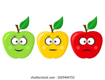 Green, yellow, red apples with positive, neutral and negative emotions. Vector illustration