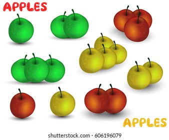 Green, yellow and red apples sets  isolated on white background, vector illustration. Vector illustration