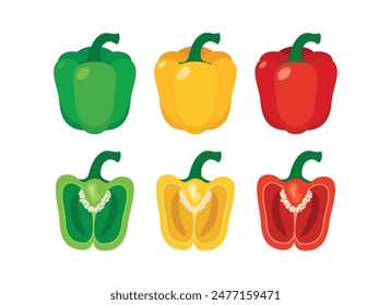 Green, yellow and red Bell pepper icon set vector. Fresh bell peppers icon set isolated on a white background. Bell Pepper cut in half illustration. Capsicum graphic design element