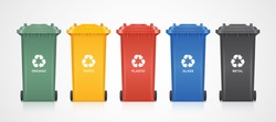 Green, Yellow, Red, Blue And Black Recycle Bins With Recycle Symbol Isolated On White Background Vector Illustration