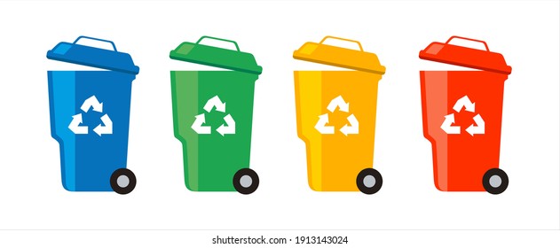 Green, yellow, red, blue Trash Bins. Sorting garbage. Nature conservancy.
Vector  illustration