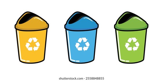 Green, yellow, red, blue Trash Bins Vector illustration design and recycling bin icon with white background 