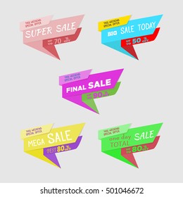 Green, yellow, red, blue, violet discount price signs on white background. Set of colorfull ribbon sale stickers.Typography background.Collection of sale and discount banners.Sale design template.