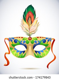 Green yellow red carnival mask with peacock feathers, Masquerade party mask