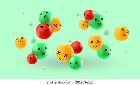 Green Yellow and Red Flowing 3D Emotion Faces. Reactions Social Media Concept. Vector illustration