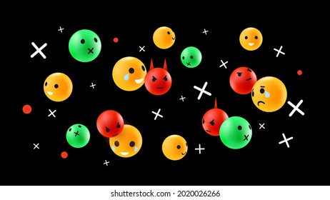 Green Yellow and Red Flowing Emotion Faces. Emotional Faces on Dark Background. Social Media Reactions Illustration. Vector illustration