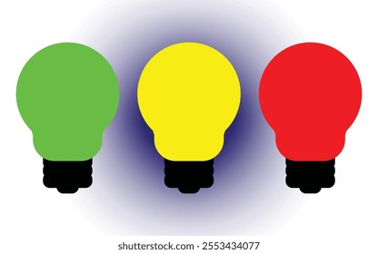 Green Yellow and Red light bulbs flat illustrations. Colorful Light bulbs icons. Stop, ready, go educational sign. isolated design elements Electric concept. Vector saved in EPS 10 and fully editable.