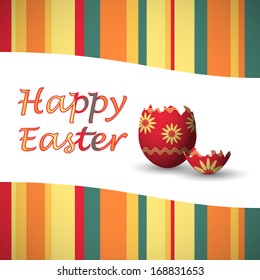 green, yellow, red and orange colored happy easter card with strips and art drawn easter egg