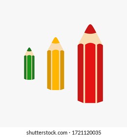 green, yellow and red pencils of different sizes on a white background