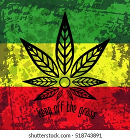 Green, yellow, red rasta flag. Rastafarianism grunge background with stylized cannabis. Colorful backdrop for decoration work in reggae, rastaman festivals, posters, promotional items.