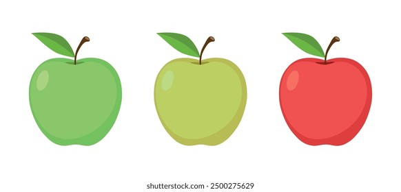 Green, yellow and red ripe apple icon set vector illustration.