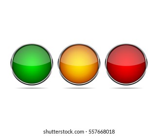 Green, yellow and red round buttons, with a metal frame. Vector illustration. Three round buttons isolated on white background.