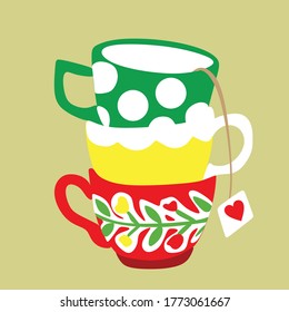 Green, yellow and red tea mugs with patterns stand on a beige background, icon, silhouette Vector illustration