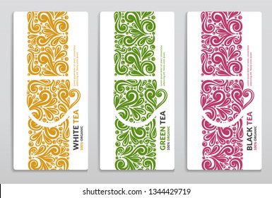 Green, yellow and red tea packaging design. Vintage vector ornament template. Elegant, classic elements. Great for food, drink and other package types. Can be used for background and wallpaper.