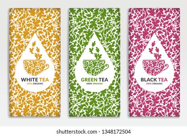 Green, yellow and red tea packaging design. Vintage vector ornament template. Elegant, classic elements. Great for food, drink and other package types. Can be used for background and wallpaper.