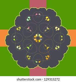 Green Yellow Red Vector ornate frame with sample text. Perfect as invitation or announcement. Background pattern is included as seamless. All pieces are separate. Easy to change colors and edit.