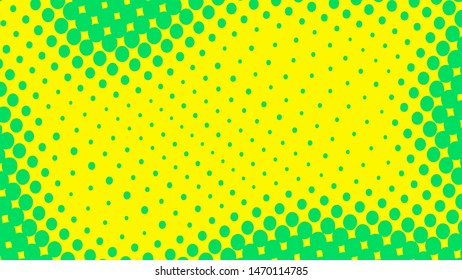 Green and yellow retro comic pop art background with halftone dots design, vector illustration template