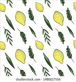 Green and yellow seamless pattern with leaves and lemon. Jewish sukkot symbols background. Fresh and positive hand drawn doodle illustration for paper, textile. 
