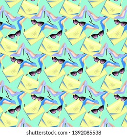 Green and yellow seamless pattern with shoes, bags and sun glasses