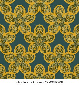 Green and yellow seamless pattern with vintage ornament. Good for murals, textiles, postcards and prints. Vector illustration.