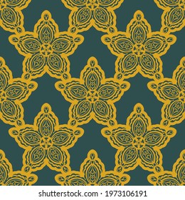 Green and yellow seamless pattern with vintage ornament. Good for clothing and textiles. Vector illustration.