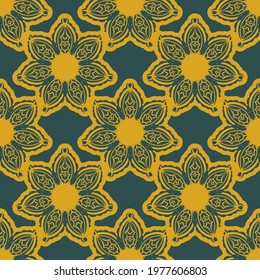 Green and yellow seamless pattern with vintage ornament. Good for clothing, textiles, backgrounds and prints. Vector 
