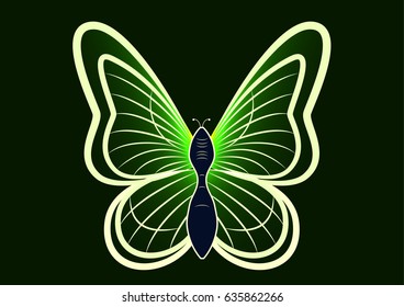 Green yellow shining neon butterfly on a dark green background.