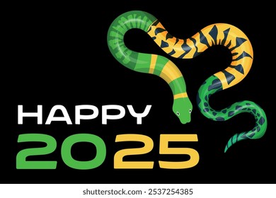 green and yellow snake new year. Happy holidays. Chinese zodiac snake in flat modern style. Art design celebrate party banner template. Decorate numbers colorful.