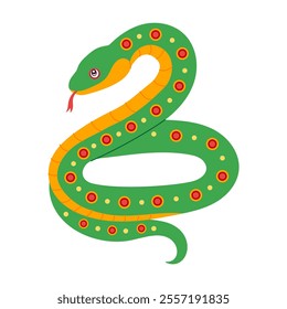 A green and yellow snake with red dots on it. The snake is curled up and has a red tongue