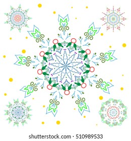 Green and yellow snowflakes set in abstract style. Freehand ethnic Xmas sketch. Ornamental artistic vector design in green and yellow colors for Merry christmas cards. New Year 2017-2018 collection.