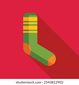 Green and yellow sock lying on red background, in flat design with long shadow