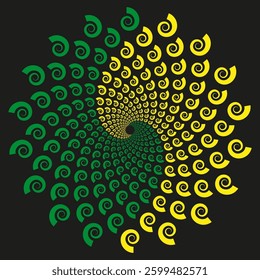 Green yellow spiral. Optical illusion pattern. Rotating fractal shape. Black background.
