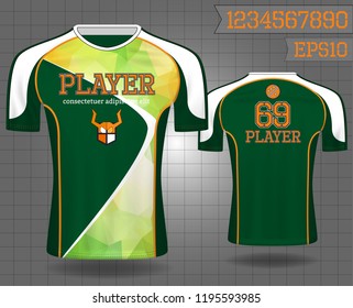 Green and yellow sport wear protection equipment vector illustration.layout football sport t-shirt design. Template front, back view. Soccer kit national team shirt mock up and number for edit.