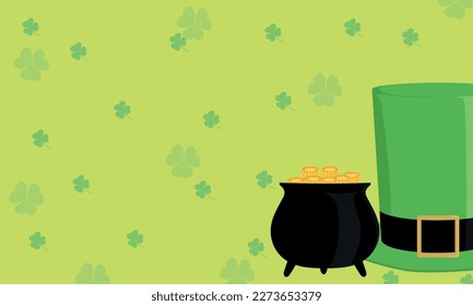 Green Yellow St. Patricks Day Copy Space with green clovers, green hat and golden pot. Vector illustration. Good for Horizontal background, headers, posters, cards, website.