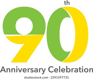 Green and yellow stripes number 90, the top right has the word th and the bottom has the word anniversary celebration.