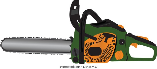 Green and yellow style color chainsaw with gasoline engine vector illustration or icon 