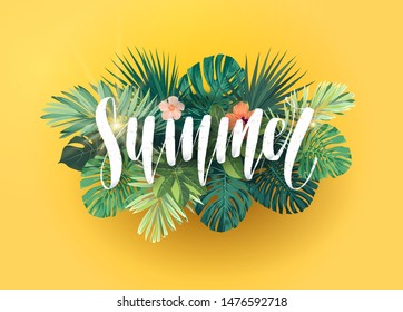 Green and yellow summer tropical background with exotic monstera palm leaves and hibiscus flowers. White handlettering with 3d effect. Vector floral illustration.