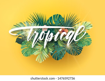 Grüner und gelber tropischer Hintergrund mit exotischen Monstera-Palmblättern und Hibiskus-Blumen. Weißes Handling mit 3D-Effekt. Vektorgrafik mit Blumen.