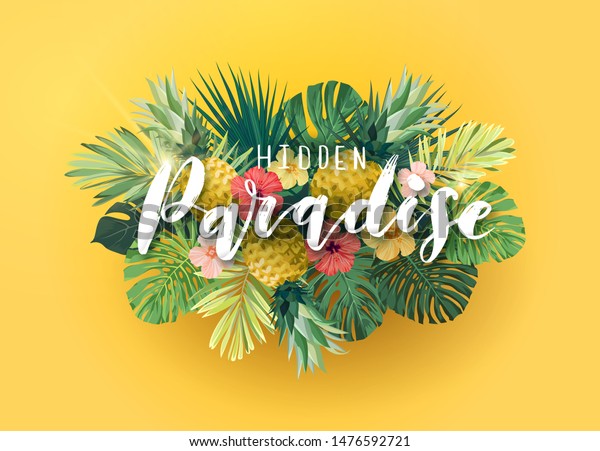 緑と黄色の夏の熱帯の背景にエキゾチックなモンステラのヤシの葉とハイビスカスの花 3d効果と白い手書き ベクター画像花柄のイラスト のベクター画像素材 ロイヤリティフリー