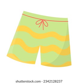 Grüne und gelbe Schwimmbäder für Männer oder Jungen, Vektorgrafik. Cartoon Zeichnung von grünen und gelben kurzen Hosen für Strandurlaub einzeln auf weißem Hintergrund. Schuhe, Mode, Sommer, Urlaubskonzept