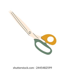 Green yellow tailor scissors for cutting, cutting, grooming in flat style. Vector stock cartoon illustration of open scissors on isolated white background. Metal blades