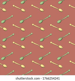 Green and yellow tea coffee spoons seamless pattern on salmon pink background