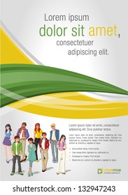 Green and yellow template for advertising brochure with young people. Teenagers.