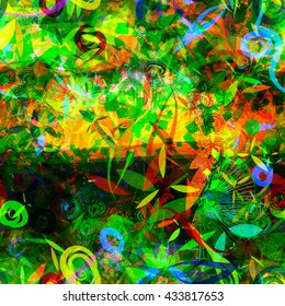 Green and yellow texture. Seamless vector floral background. Squares, stylized leaves and feathers, handmade patterns. Easy editing. For fabric, printing, wrapping paper. Watercolor effect