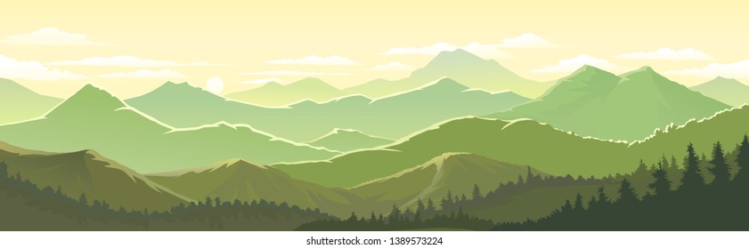 Green and yellow tinge of the mountain landscape and forests