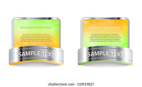 Green / yellow vector banners / stickers / badges collection with bright colorful floral background and metallic decoration