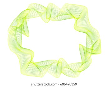 Green and yellow vector frame made of curve reticulated shapes. White background with place for text. Geometric pattern with flowing intersecting lines. Abstract graphic design.