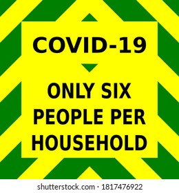 Gráfico vectorial verde y amarillo, aconsejando que sólo grupos de seis pueden encontrarse en un hogar, con el fin de reducir la posibilidad de una segunda ola de infecciones de covid-19
